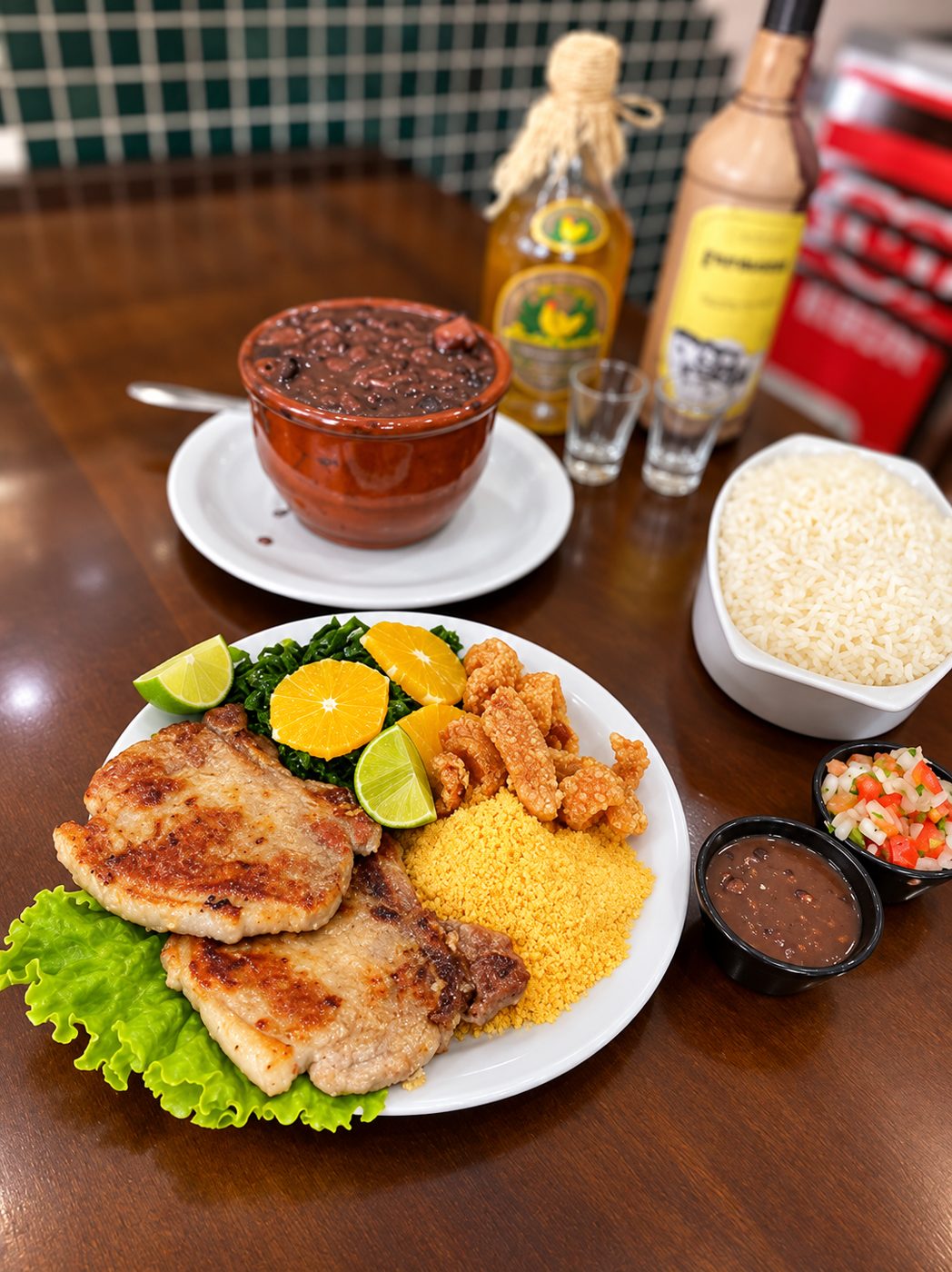 Prato com bisteca grelhada, torresmo, couve, farofa, arroz e feijão no caldeirão